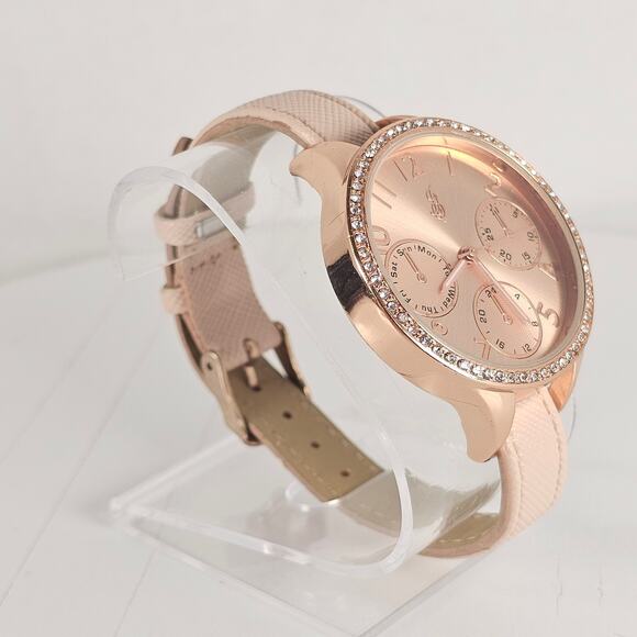 Women's JS Quartz Watch Rose Gold Dial Crystal Bezel Faux Leather Band 38mm - Picture 4 of 13
